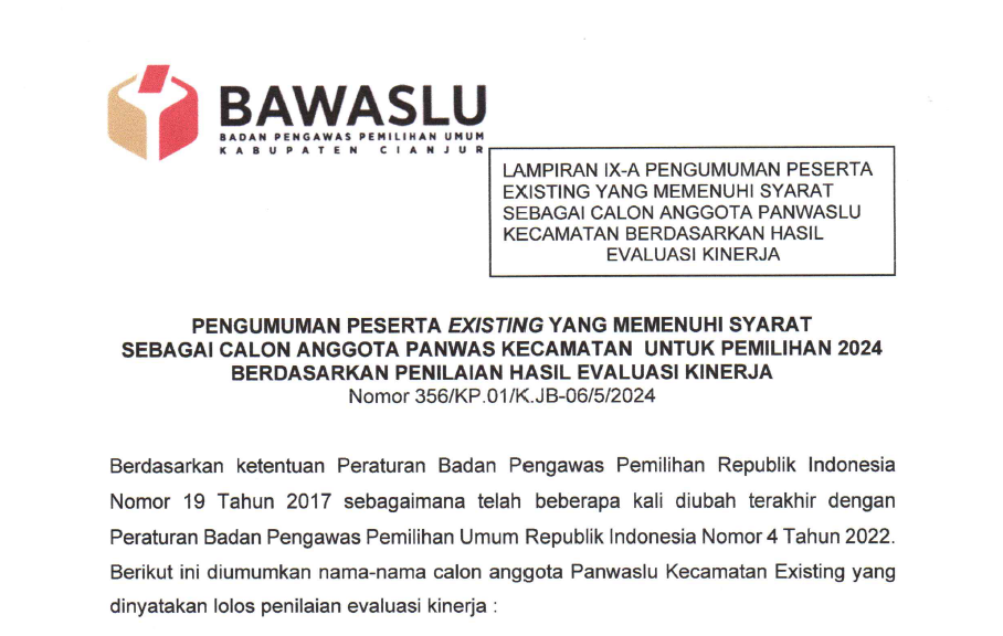 Pengumuman Peserta Existing